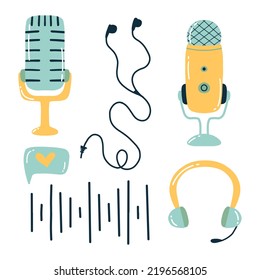 Podcast-Set. Vektorgrafik. Doodle-Stil. Sammlung für den Rundfunk. Mikrofone und Kopfhörer.
