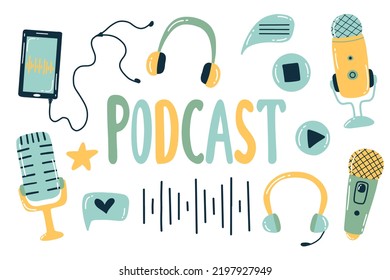 Podcast-Set. Vektorgrafik. Doodle-Stil. Sammlung für den Rundfunk. Mikrofone und Kopfhörer.