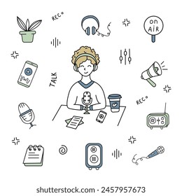 Set de podcast. Ilustración vectorial en estilo doodle.