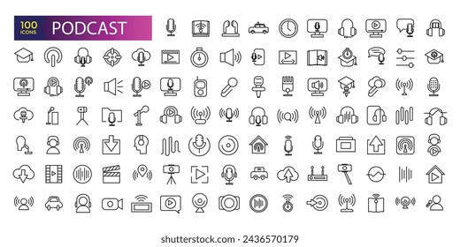 Podcast conjunto de iconos web en estilo de línea. Iconos de aprendizaje para web y aplicación móvil. E-learning, video tutorial, conocimiento, estudio, escuela, universidad, webinar.