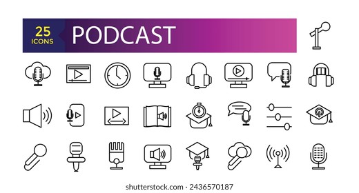 Podcast set of web icons in line style. Learning icons for web and mobile app. E-learning, video tutorial, knowledge, study, school, university, webinar.