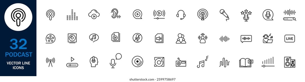 Podcast set of web icons in line style. Linear Podcast Icons Collection Microphone, Radio, Broadcast and More	