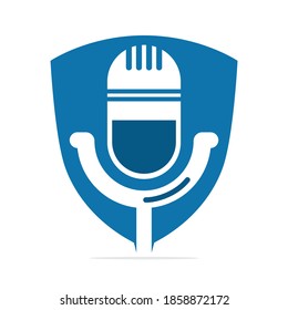 Podcast Shield logo design. Studio table microphone with broadcast icon design.