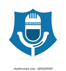 Podcast Shield logo design. Studio table microphone with broadcast icon design.