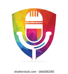 Podcast Schild Logo Design. Studio-Tischmikrofon mit Broadcast-Icon-Design.