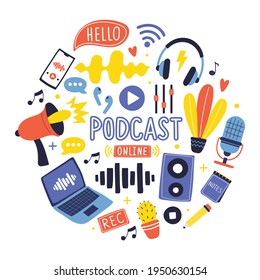 Podcast show collection in circle shape. Equipment for recording and listening podcast shows: Microphone, laptop, headphones, phone... Hand drawn, cartoon style vector illustration.