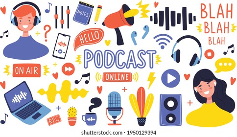 Podcast show collection. Equipment for recording and listening podcast shows: Microphone, laptop, headphones... Hand drawn, cartoon style vector illustration. Isolated vector elements and characters.
