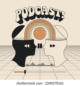 Podcast show cover design template in vintage boho style with two heads looking to each other and rainbow between them and player interface elements. Vector illustration