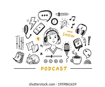 Podcast Show Doodle Equipment and Items Icons Vector Set. Workplace of Journalist, Radio Host or Blogger. Hand Drawn Young Woman Speaking in Microphone. Communication, Interview Concept