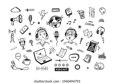 Podcast Show Doodle Icons Vector Set. Journalist, Radio Host or Blogger. Hand drawn Man and Woman Speaking in Microphone and Different Podcast Equipment and Items. Communication, Interview Concept.