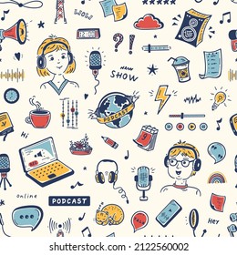 Podcast Show Doodle Icons Vector Seamless Pattern. Colorful Background with Man and Woman Speaking in Microphone and Different Podcast Equipment and Items. Workplace of Radio Host or Blogger.