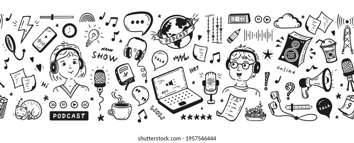 Podcast Show Equipment and Items Seamless Banner. Vector Border Pattern with Hand Drawn Doodle Man and Woman Speaking in Microphone. Workplace of Radio Host or Blogger.