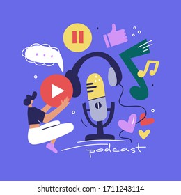 Programa de podcast. Niña divertida sosteniendo el botón de juego, el micrófono, los auriculares. Ilustración vectorial plana. Moderna recreación, música y diseño de streaming de vídeo.