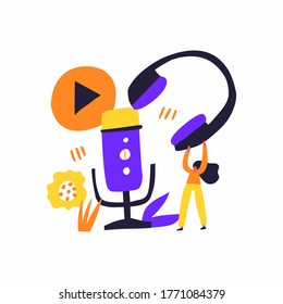 Podcast show hand drawn flat vector illustration. Young woman with headphones and microphone cartoon character. Internet radio broadcasting, multimedia entertainment abstract concept