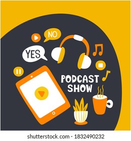 Podcast show hand drawn flat vector illustration. A set of items for a podcast at home. Self-isolation mode, work from home. Online conference.