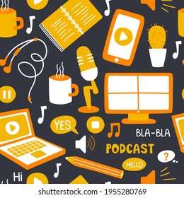 Podcast zeigen handgezeichnet flache Vektorgrafik. Nahtloses Muster mit Gegenständen für einen Podcast zu Hause. Selbstisolationsmodus, Arbeit von zu Hause aus. Online-Konferenz.