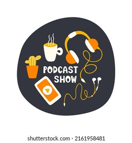 Podcast show hand drawn flat vector illustration. A set of items for a podcast at home. Self-isolation mode, work from home. Online conference.