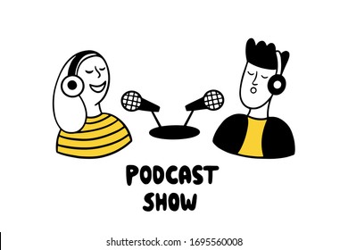 Podcast show. Man and woman making podcast in a radio studio. Two bloggers with microphones and lettering Podcast Show  on a white background