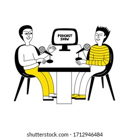 Podcast show. Two boys sitting in a radio studio at a table and making a podcast. Hand-drawn vector illustration isolated on white background. 