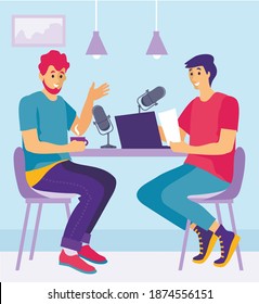 Podcast show. Two guy broadcasting, Podcast vector illustration in flat style. Radio studio. Two bloggers with table studio microphone. Broadcast concept. Two men recording and listening audio podcast