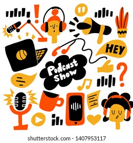 Podcast show. Vector flat cartoon illustration with different podcast elements.