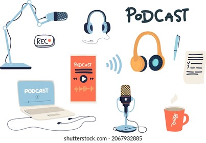 Podcast show. Vector flat cartoon illustration with different podcast elements. microphone, laptop, volume, record button