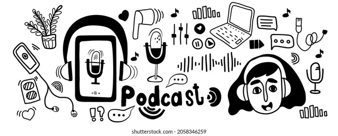 Podcast sketch concept. Girl in headphones and badges, podcaster speaks into microphone. Set of podcasts symbols, about podcasting in hand drawn doodle style. Vector illustration. isolated