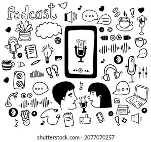 Podcast sketch concept. Podcaster man and woman recording and speaking into microphone. Big Set of Vector Illustrations in Hand Drawn Doodle Style. Linear elements of podcast. Isolated elements