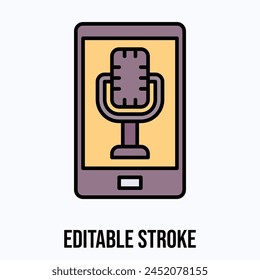 podcast smartphone con Vector de micrófono, trazo editable.