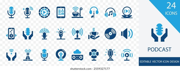 Podcast solid icon set. containing microphone, radio, wireless, audio, mic,  recording, interview and more vector design 