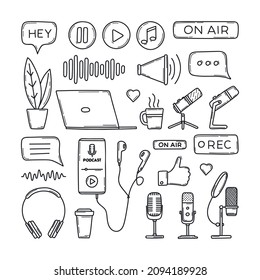 Podcast, sound recording, listening audio, live broadcast symbols in doodle style isolated on white background. Microphone, headphones, laptop, speech bubbles. Hand drawn sketch vector illustration