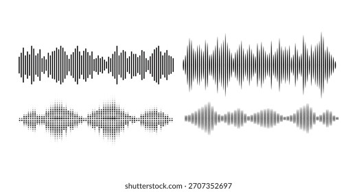 Podcast padrões de onda de som com barras verticais pretas para visualização de áudio e interface de gravação. Modelo do equalizador. Ilustração vetorial isolada no plano de fundo branco
