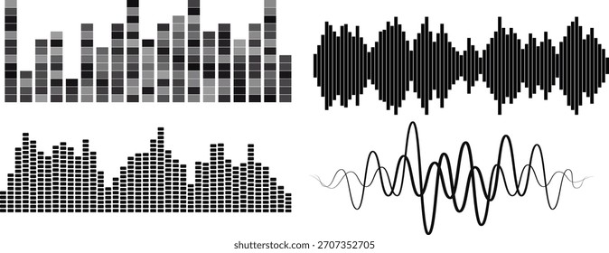 Podcast padrões de onda de som com barras verticais pretas para visualização de áudio e interface de gravação. Modelo do equalizador. Ilustração vetorial isolada no plano de fundo branco
