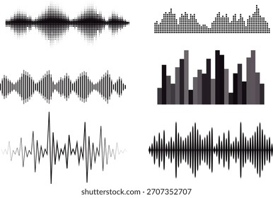 Patrones de ondas de sonido Podcast con barras de Vertical negras para visualización de audio e interfaz de grabación. Plantilla del ecualizador. Ilustración vectorial aislada sobre fondo blanco
