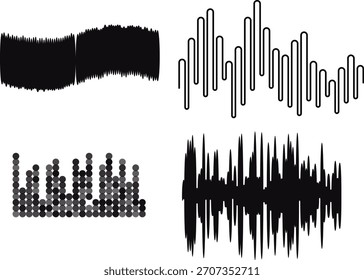 Podcast padrões de onda de som com barras verticais pretas para visualização de áudio e interface de gravação. Modelo do equalizador. Ilustração vetorial isolada no plano de fundo branco
