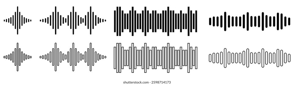 Podcast sound waves and audio soundwave of voice message records, vector icons. Podcast sound waves for online audio streaming and podcasting or music player and mobile phone voice message soundwaves