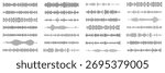 Podcast sound waves. Audio waveforms line icons, sound wave frequency or voice microphone signals. Music, podcast and broadcast, UI and audio branding design. Isolated vector set