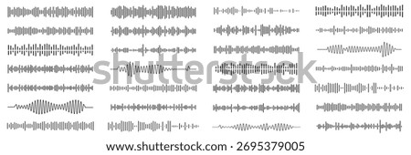 Podcast sound waves. Audio waveforms line icons, sound wave frequency or voice microphone signals. Music, podcast and broadcast, UI and audio branding design. Isolated vector set