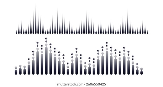 Podcast sound waves set. Waveform pattern for music player, podcast, voice message, music app. Audio wave icon. Equalizer template. Vector illustration isolated on white background.