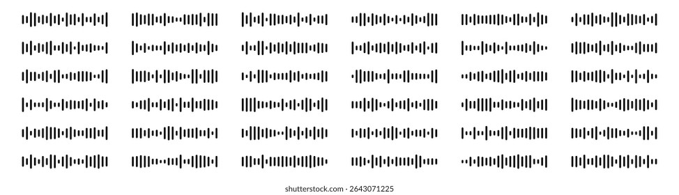 Podcast sound waves set. Waveform pattern for music player, podcast, voise message, music app. Audio wave icon. Equalizer template. Vector illustration isolated on white background.