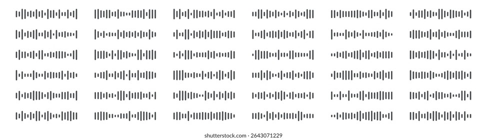 Podcast sound waves set. Waveform pattern for music player, podcast, voise message, music app. Audio wave icon. Equalizer template. Vector illustration isolated on white background.