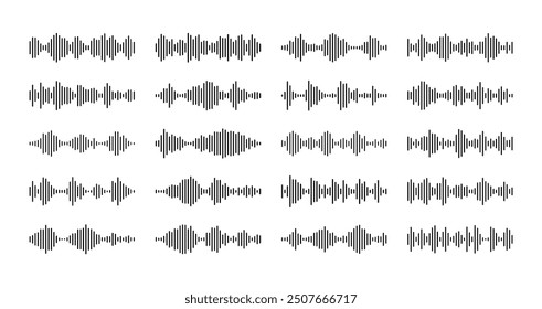 Podcast sound waves, voice soundwave, music audio. Vector set of audio player, equalizer musical pulse. Isolated monochrome vibration waveforms, tunes amplitude, song or soundtrack wavy symbols