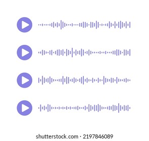 Podcast soundwave lines. Social media voice message with sound waves and play icon. Audio recording chart. Volume equalizer with spectrum noise, button. Shape of mobile talk track. Vector illustration