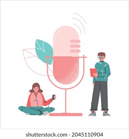 Podcast or Spoken Episodic Serie Listening with Man and Woman Character Near Huge Microphone Using Mobile Gadget Vector Illustration