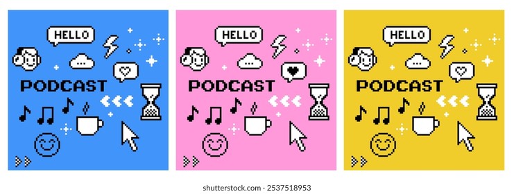 Podcast square cover set. Pixel art style. Y2k design elements. Bright modern background for post, podcast blog, poster, cover, bg. Music note, radio, voice, smile. Mood of 90's aesthetics. 8 bit icon