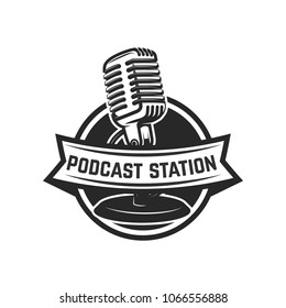 Podcast station. Emblem template with retro microphone. Design element for logo, label, emblem, sign. Vector illustration
