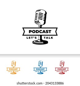 Podcast station or singer karaoke with retro microphone. Design element for logo, label, emblem, sign.