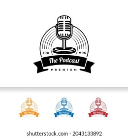 Podcast station singer karaoke with retro microphone. Design element for logo, label, emblem, sign.