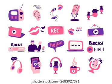 Conjunto de elementos de diseño de pegatinas de podcast