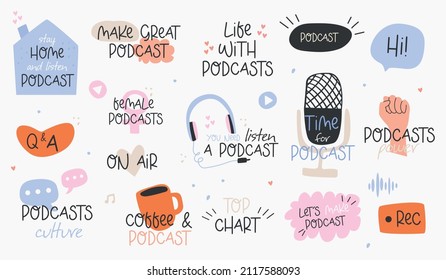 Etiquetas de podcast. Pegatinas con letras de podcast con burbujas de doodle y tipografía escrita a mano para el curso de podcast, produciendo programas de podcast hechos a mano, letras planas escritas a mano. 